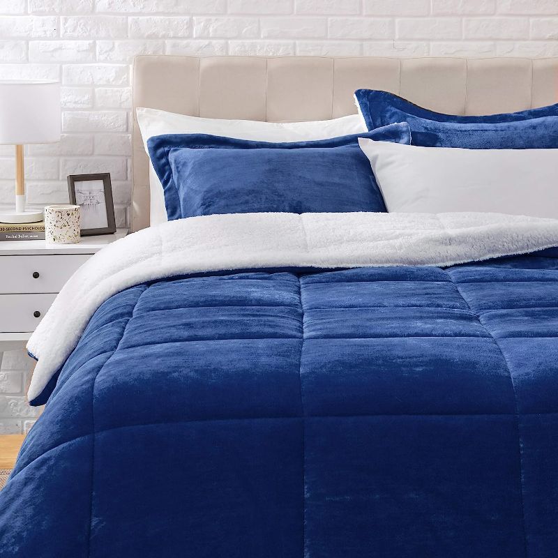 Photo 1 of Amazon Basics Ultra-Soft Micromink Sherpa Comforter Bed Set - Navy, King Navy Blue King