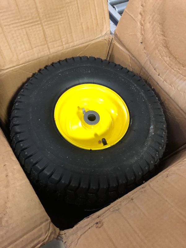 Photo 2 of (2 Pack) AR-PRO Exact Replacement 15" x 6.00 - 6" Front Tire and Wheel Assemblies for John Deere Riding Mowers - Compatible with John Deere 100 and D100 Series - 3” Hub Offset and 3/4” Bushings 15" x 6.00-6" Yellow