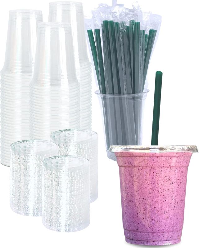 Photo 1 of [100 SETS] 12 oz Clear Plastic Cups with Lids and STRAWS, Disposable Drinking Cups for Cold Drinks, Iced Coffee, Milkshakes, Smoothies
