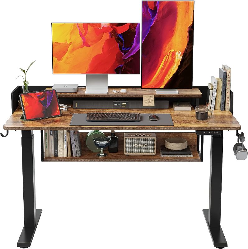 Photo 1 of FEZIBO Electric Height Adjustable Standing Desk with Double Shelves, 55 x 24 Inch Home Office Desk with Monitor Stand and Storage, Sit Stand Rising Desk, Rustic Brown