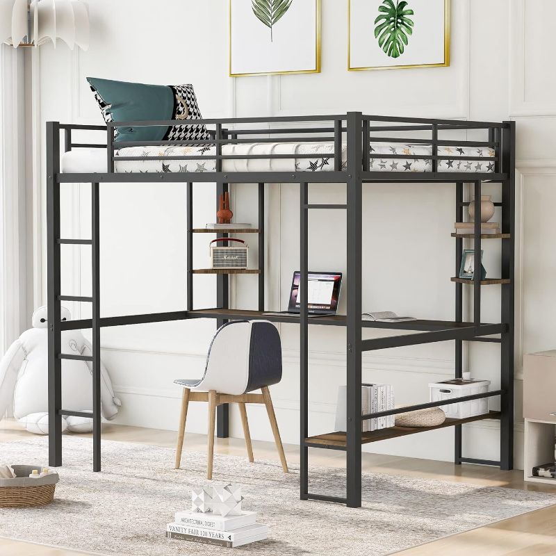 Photo 1 of 2 BOX SET - Metal Loft Bed with Long Desk and Storage Shelves , Full Size Bed Frame with Ladder and Full-Length Guardrail for Boys Girls Bedroom, No Box Spring Needed (Black)
