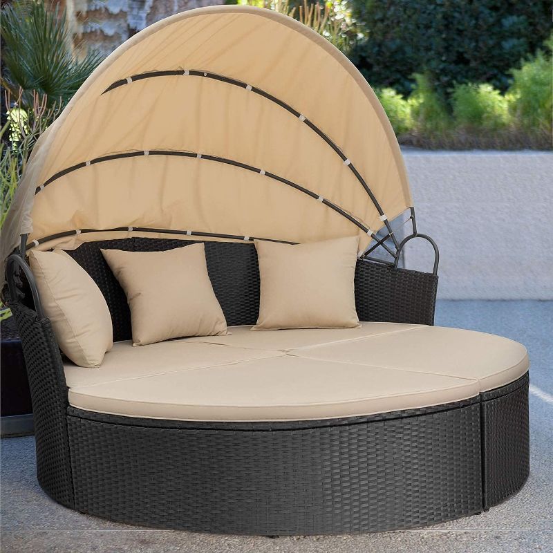 Photo 1 of Homall Patio Furniture Outdoor Daybed with Retractable Canopy Rattan Wicker Furniture Sectional Seating with Washable Cushions for Patio Backyard Porch Pool Round Daybed Separated Seating (Beige)