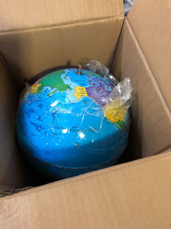 Photo 2 of 9" World Globe for kid & adult, Classroom & Office Desk, Geographic Globe with iron Stand, colorful Magnetic Push Pins & magnifier & handkerchief, 360° Horizontal Rotation Homeschool World Globe Blue