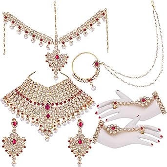 Photo 1 of Aheli Classic Bollywood Style Indian Bridal Choker Necklace Matha Patti Nose Ring Haath Phool Wedding Fashion Jewelry Set for Women (RED)
