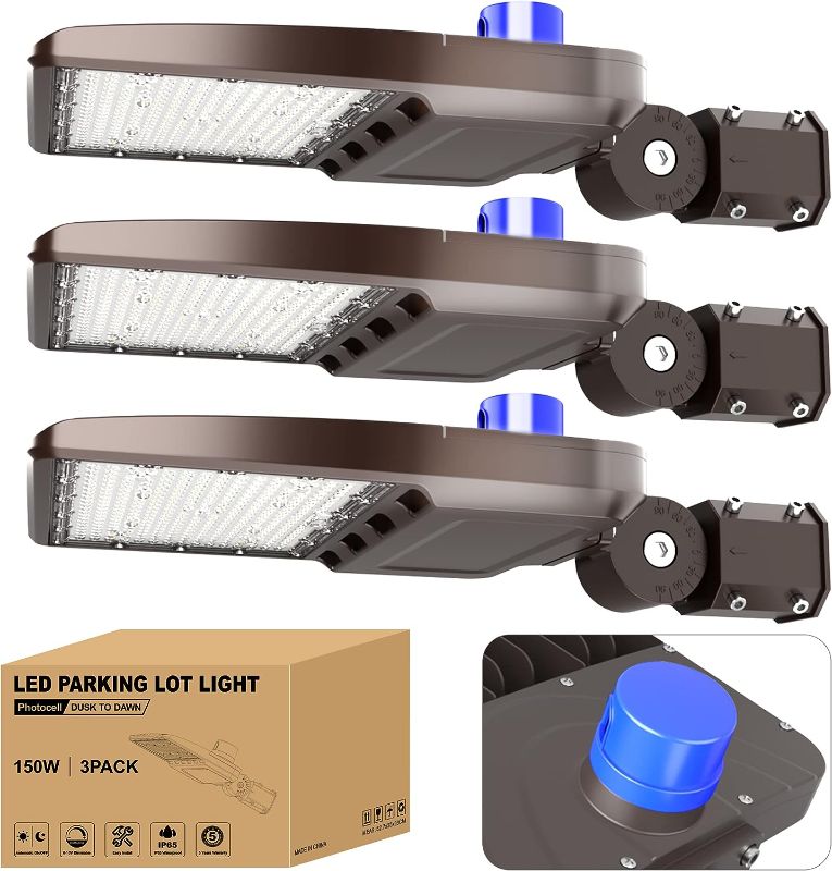 Photo 1 of 150W Parking Lot Light 3Pack, LED Shoebox Light with 21000LM, IP65 Waterproof Dusk to Dawn LED Parking Lot Light with Slip Fitter, 5000K Daylight Outdoor Street Light for Parking Lot Sports Stadium
