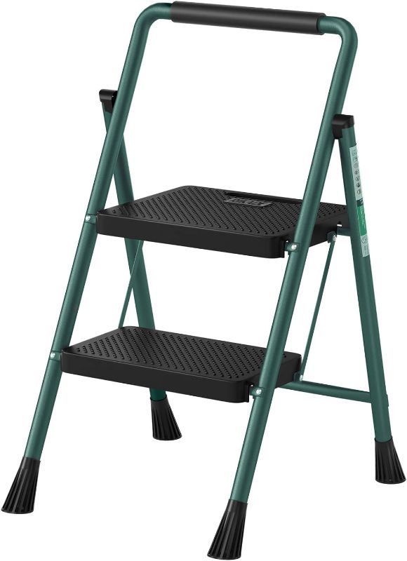 Photo 1 of 5 Step Ladder, Folding Step Stool for Adults with Handle & 16" Wide Anti-Slip Pedal, 500lbs Capacity Ergonomic Sturdy Steel Ladder, Portable Steel Step Stool for Household, Kitchen, Office (Green)… Green 5 steps