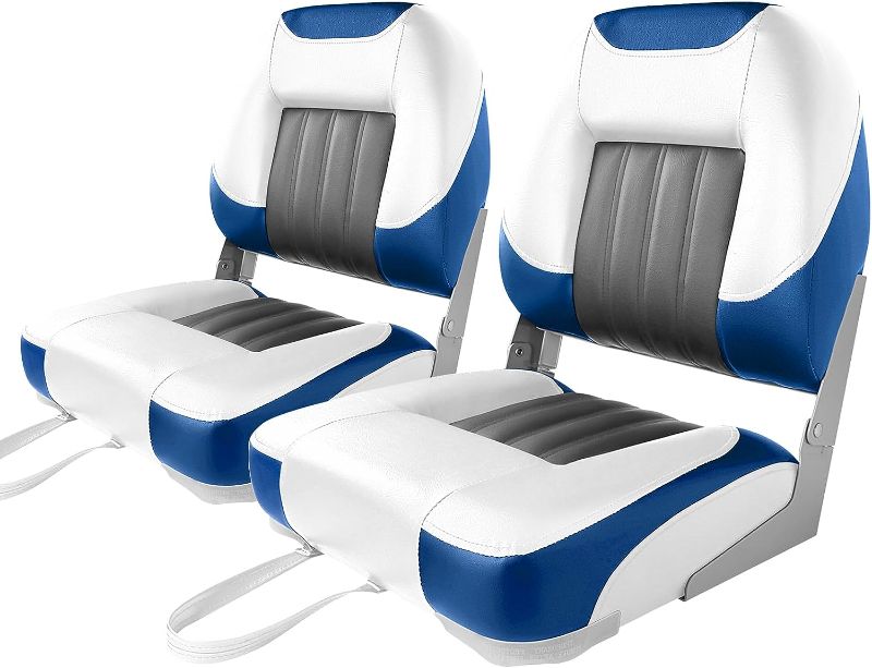 Photo 1 of XGEAR Deluxe Low/High Back Boat Seat, Fold-Down Fishing Boat Seat A-Low Back-White/Blue, 2 Seats
