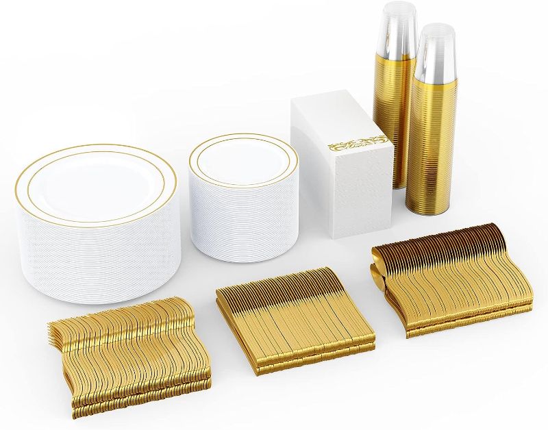 Photo 1 of 700 Count Gold Dinnerware Set-200 Plastic Plates- 300 Gold Plastic Silverware-100 Gold Plastic Cups-100 Disposable Hand Towel- Disposable Gold Dinnerware Set for Halloween, Christmas, Thanksgiving
