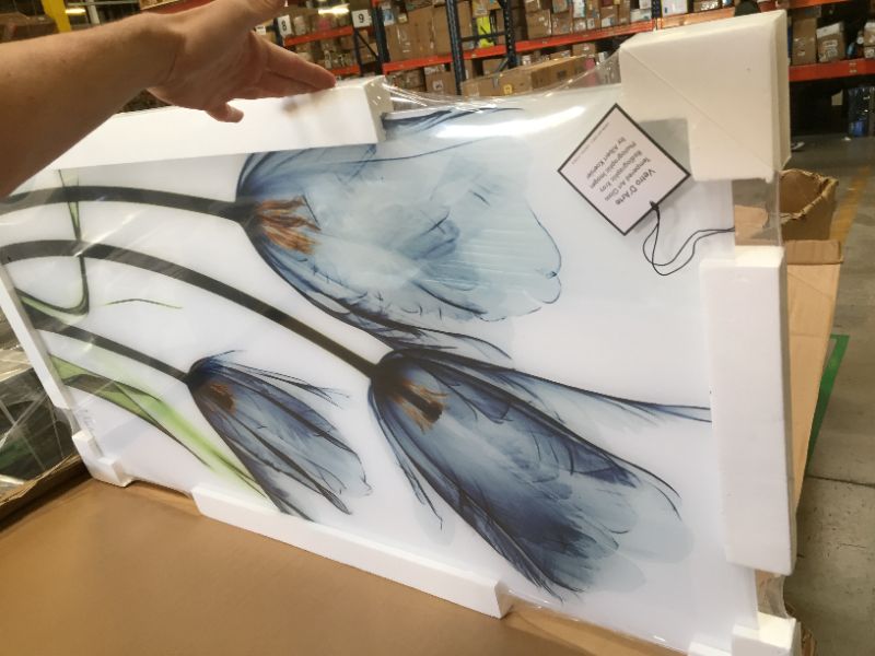 Photo 2 of "Three Blue Tulips" Frameless Free Floating Tempered Glass Panel Graphic Wall Art product high in.32 x Width in.48