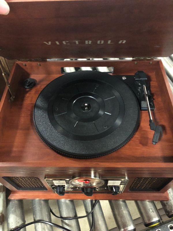 Photo 3 of Victrola Nostalgic 6-in-1 Bluetooth Record Player & Multimedia Center with Built-in Speakers - 3-Speed Turntable, CD & Cassette Player, FM Radio | Wireless Music Streaming | Mahogany Mahogany Entertainment Center