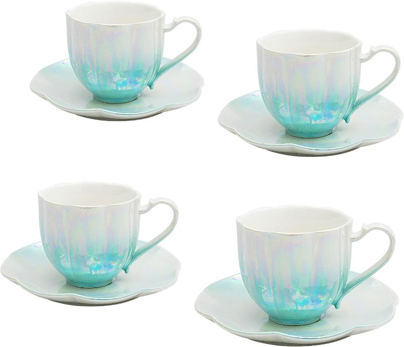 Photo 1 of Agyiuns tea cup set ceramic tea cups and saucers set of 4 for Coffee, Cappuccino, Latte,Cafe Mocha, Americano and Tea Porcelain Mugs 6.7 Ounce for Kitchen or Cafe (Blue)
