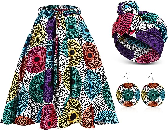 Photo 1 of 3Pcs Women African Dashiki Skirt Traditional Costume African Bohemian Head Wrap Scarf Drop Dangle Earring ( SIZE" SMLL ) 
