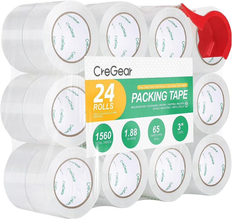 Photo 1 of CREGEAR 24 Rolls Heavy Duty Packing Tape, 1.88" x 65 yds,Total 1560 Yards, Clear Packing Tapes with Dispenser, 3" Core, Strong Seal Shipping Tape Refills for Moving Mailing Packing Storage

