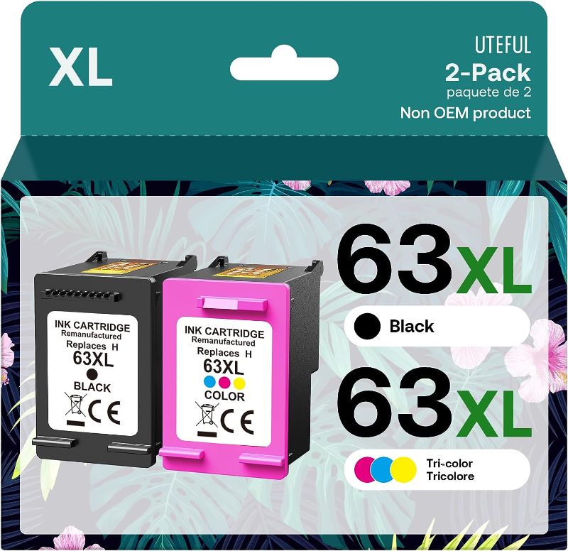 Photo 1 of 63XL Ink Cartridges Combo Pack High Yield Compatible Replacement for HP Ink 63 Works with OfficeJet 3830 4650 4655 5255 5258 5200 Envy 4510 4520 DeskJet 1110 3630 Printer (1 Black,1 Tri-Color)
