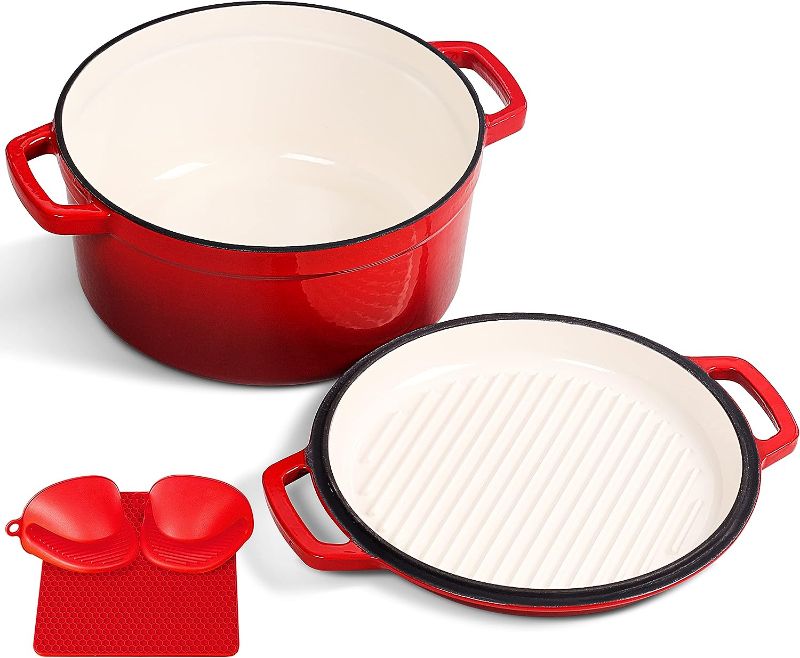 Photo 1 of 2 in 1 Enameled Cast Iron Dutch Oven, 5.5QT Enamel Dutch Oven with Skillet Lid, Gas, Induction Compatible, Red
