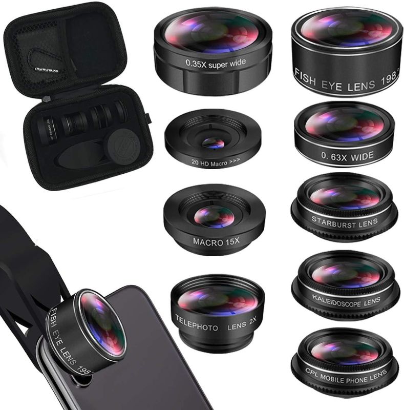 Photo 1 of KEYWING Phone Lens Kit 9 in 1 Phone Camera Lens, Zoom Lens+198° Fisheye +0.35X Super Wide-Angle + 20X Macro Lens + 0.63X Wide Lens + CPL +Kaleidoscope Lens +Starburst for iPhone Samsung Android
