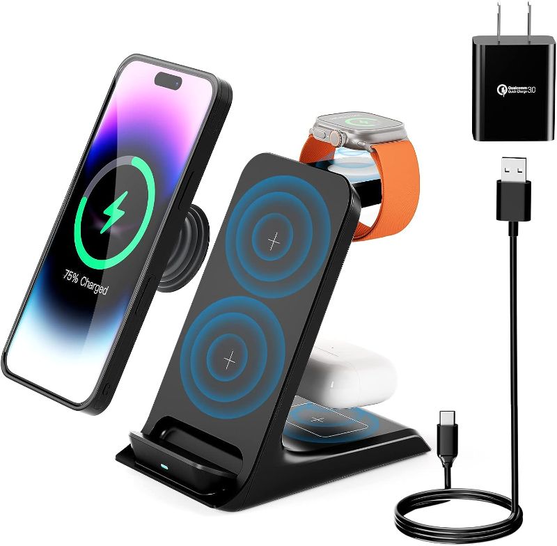 Photo 1 of Wireless Charging Station for Multiple Devices Apple, 3 in 1 Fast Qi Wireless Charger Stand for iPhone 14 13/Apple Watch/Airpods, Wireless Phone Charger for Thick Cases/Popsocket/Otterbox Up to 10MM
