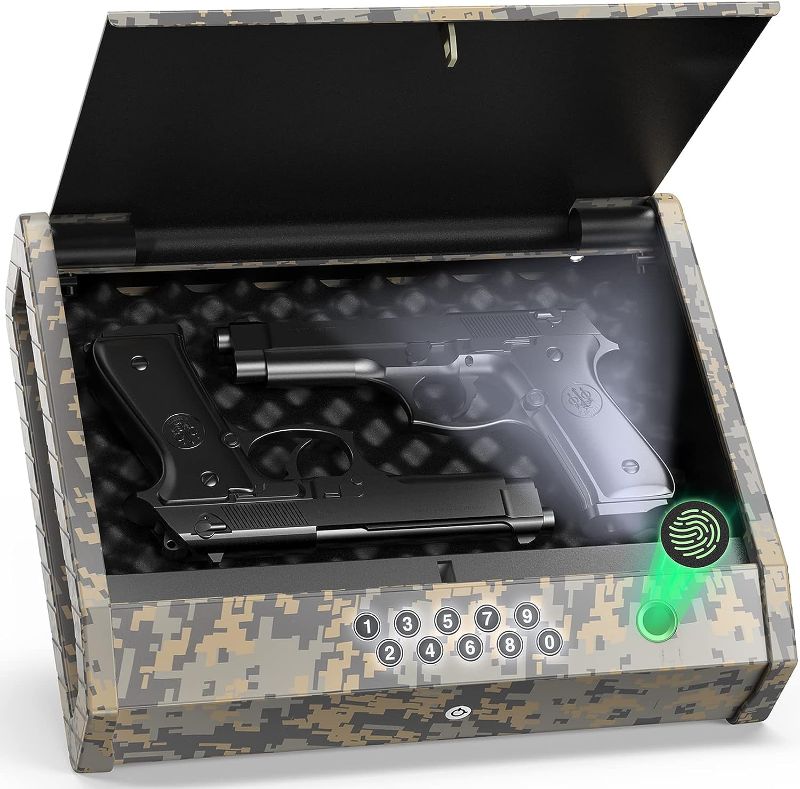 Photo 1 of HOLEWOR Biometric Gun Safes for Pistols with Two Gun Capacity, Sturdy Fingerprint Quick Access Portable Handgun Safe for Home Bedside Nightstand Car
