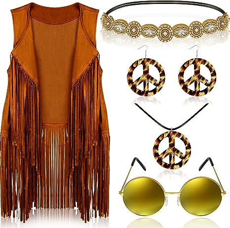 Photo 1 of 6 Pcs 60s 70s Outfits for Women Hippie Costume Set Peace Sign Earring Headband Fringe Vest Tassel Cardigan
