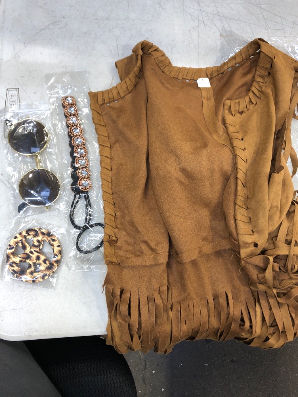 Photo 2 of 6 Pcs 60s 70s Outfits for Women Hippie Costume Set Peace Sign Earring Headband Fringe Vest Tassel Cardigan
