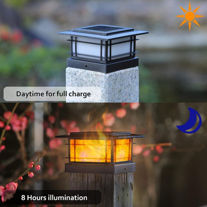 Photo 1 of Dynaming 2 Pack Solar Flame Post Lights Outdoor, Solar Powered Fence Post Cap Lights, High Brightness Flickering Flame SMD LED Lighting Decor for Garden Deck Patio, Fit 4x4, 5x5 or 6x6 Wooden Posts