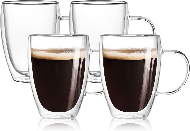 Photo 1 of 4-Pack 12 Oz Double Walled Glass Coffee Mugs with Handle,Insulated Layer Coffee Cups,Clear Borosilicate Glass Mugs,Perfect for Cappuccino,Tea,Latte,Espresso,Hot Beverage,Wine,Microwave Safe
