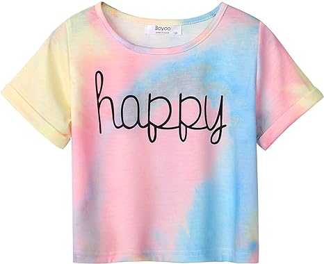 Photo 1 of Boyoo Girl's Short Sleeve T Shirt Kids Fashion Tee Tie Dye Crewneck Rolled Cuffs Crop Top for 5-14 Years
