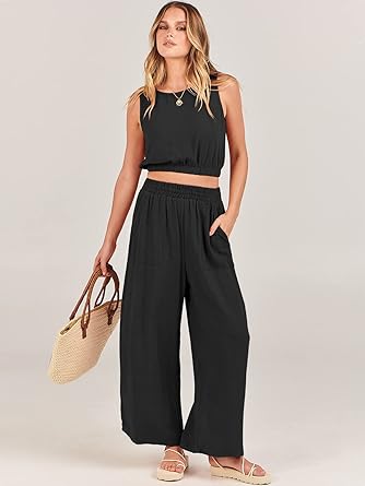 Photo 1 of ANRABESS Women’s Summer 2 Piece Outfits Sleeveless Round Neck Crop Top Tank and High Waisted Pants Jumpsuit Lounge Set SIZE L
