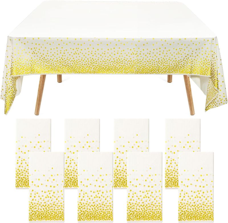 Photo 1 of 8 Pack Disposable Tablecloth 54" X 108" Rectangular Table Cover Gold Dot White Table Cloths Waterproof Parties Tablecloths for Indoor or Outdoor Events, BBQ, Party, Wedding, Graduation, Thanksgiving
