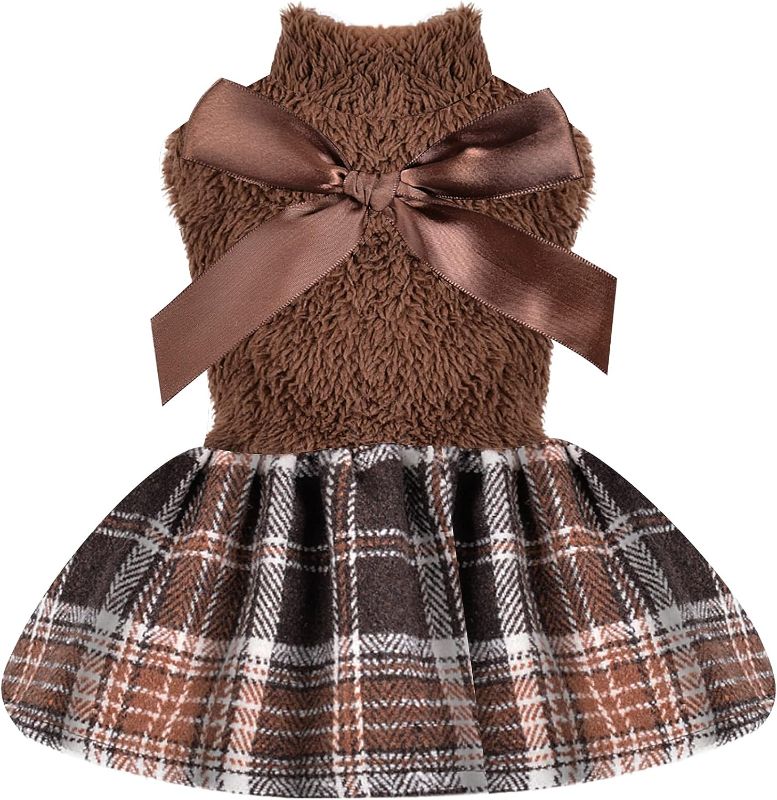 Photo 1 of Dog Dress Sweater Puppy Dresses for Small Dogs Girl Fall Winter Warm Pet Clothes Outfit Apparel Cold Weather Doggy Skirt Cute Bowknot Doggie Skirt Coats Chihuahua Yorkie Tiny Cats (Small, Brown 1)
