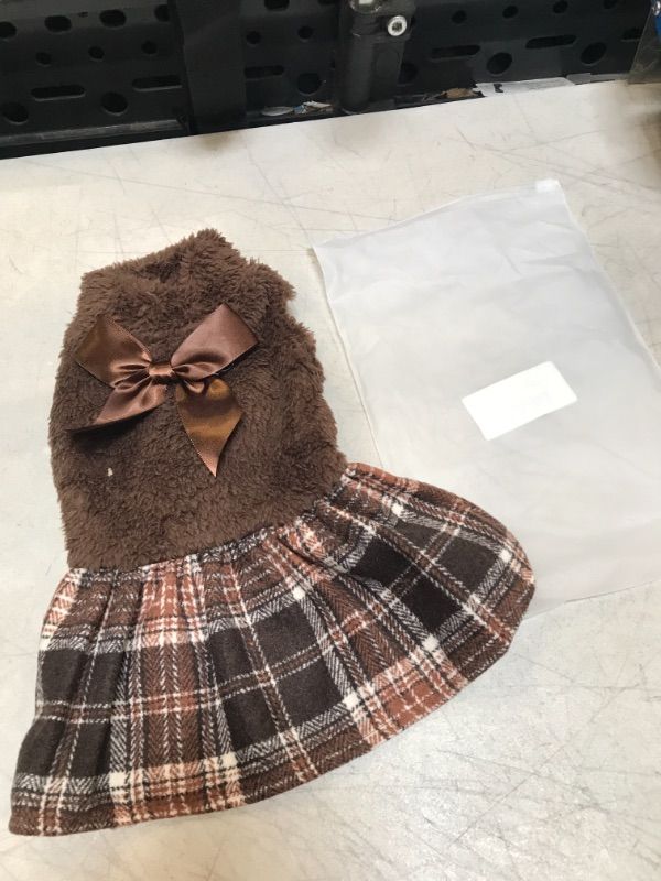 Photo 2 of Dog Dress Sweater Puppy Dresses for Small Dogs Girl Fall Winter Warm Pet Clothes Outfit Apparel Cold Weather Doggy Skirt Cute Bowknot Doggie Skirt Coats Chihuahua Yorkie Tiny Cats (Small, Brown 1)
