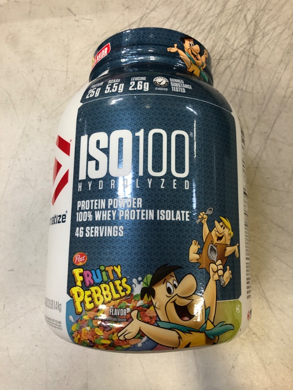 Photo 2 of Dymatize ISO100 Hydrolyzed Protein Powder, 100% Whey Isolate , 25g of Protein, 5.5g BCAAs, Gluten Free, Fast Absorbing, Easy Digesting, Fruity Pebbles, 3 Pound [EXP: 10/2024]