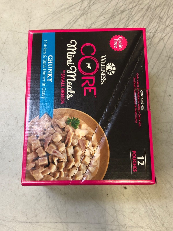 Photo 2 of (Pack of 12) Wellness CORE Natural Grain Free Small Breed Mini Meals Wet Dog Food, Chunky Chicken & Tuna Dinner in Gravy, 3-Ounce Pouch (Pack of 12) Chunky Chicken & Tuna 3 Ounce [EXP: 01/27/2024]