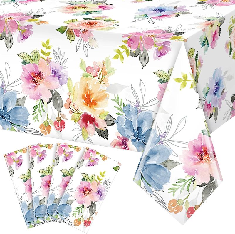 Photo 1 of 4Pcs Spring Floral Tablecloth,Watercolor Pink Purple Blue Flower Plastic Table Cover for Easter Decor, Summer Spring Picnic, Dining, Holiday, Weeding,Tea Party Supplies and Decorations,54 x 108 Inch
