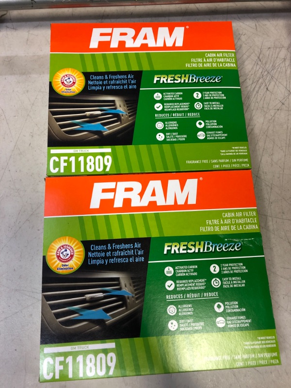 Photo 2 of [LOT OF 2] FRAM CF11809, Fresh Breeze Cabin Air Filter with Arm & Hammer Baking Soda, for Select GM TRUCK Vehicles