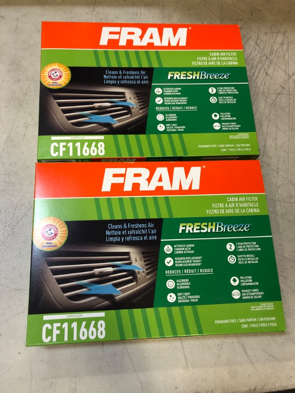 Photo 2 of [LOT OF 2] FRAM CF11668, Fresh Breeze Cabin Air Filter with Arm & Hammer Baking Soda, for Select CHRYSLER Vehicles