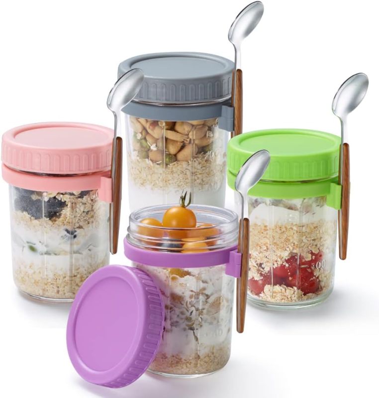 Photo 2 of 4 Pack Overnight Oats Containers with Lids and Spoons, 10 oz Glass Mason Overnight Oats Jars, Large Capacity Airtight Jars for Milk, Cereal, Fruit
