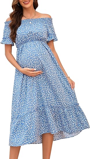 Photo 1 of FUNJULY Maternity Dress Women's Floral Off Shoulder Smocked Ruffle Short Sleeve A Line Flowy Maxi Dress for Baby Shower SIZE S
