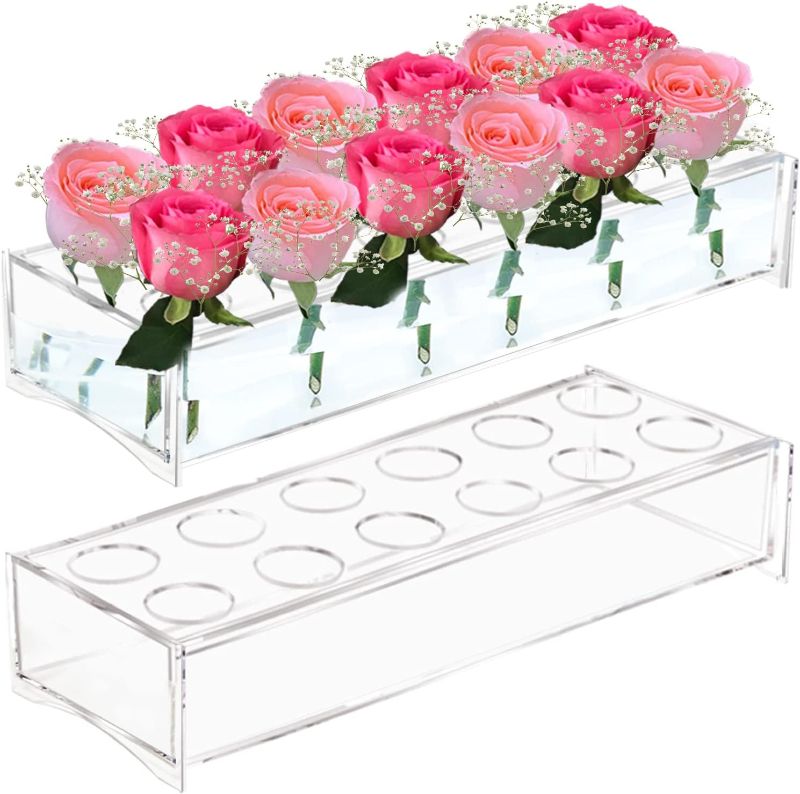 Photo 1 of 2 PCS Acrylic Flower Vase Rectangular Floral Centerpiece for Dining Table Long Rectangle Acrylic Modern Vase with Holes for Flowers Clear Acrylic Flower Holder Arranger for Wedding (12 Holes)
