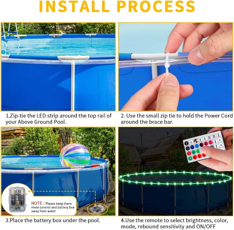 Photo 1 of Macl LED Pool Lights for Above Ground Pools, 33Ft Waterproof LED Strip Light, 17 Colors Lights with Remote Control, Battery Powered for Night Above Ground Swimming Pool Parties