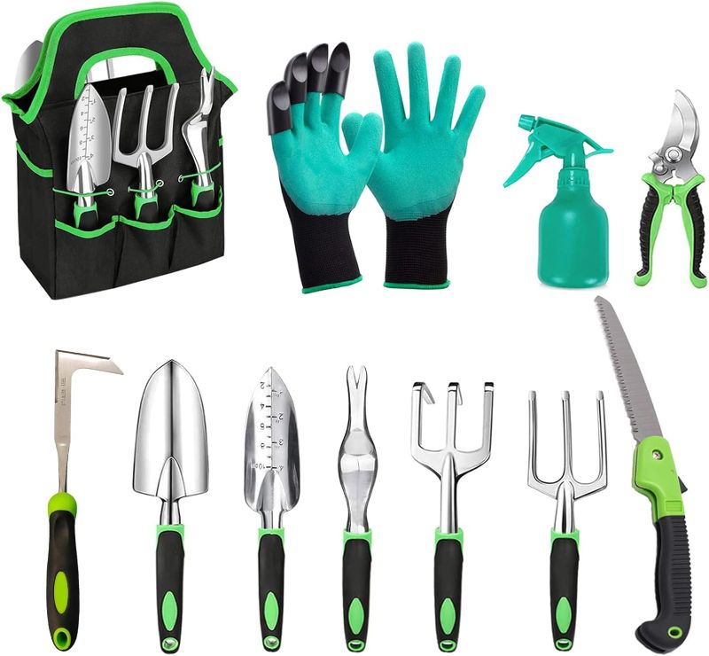 Photo 1 of Yuzee Gardening Tool Set 11 PCS, Premium Gardening Heavy Duty Supplies Hand Tools Kit, Use for Yard Planting, Include Gloves, Tote Bag, Weeding Knife, Folding Saw, Trowel, Transplanter
