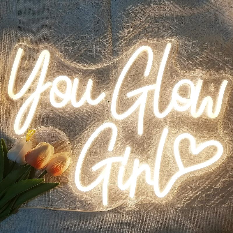 Photo 1 of You Glow Girl Neon Sign for Bedroom Wall Decor, Personalized LED Neon Sign, Adjustable Brightness Glow Signs for Wall, USB Powered Lights Up Sign for Girls Kid’s Bedroom Living Room Office Birthday Party Decor(15.7x 12in) (Warm White)
