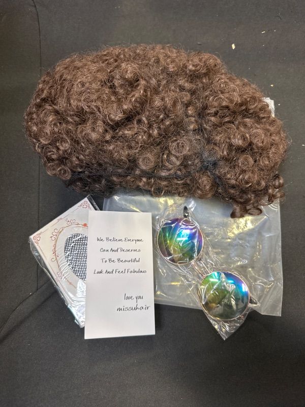 Photo 2 of M MISS U HAIR Missuhair Afro Wig Men 70s Wig Short Black Curly Afro Party Wigs Halloween Disco Wig (JUST WIG AND GLASSES)