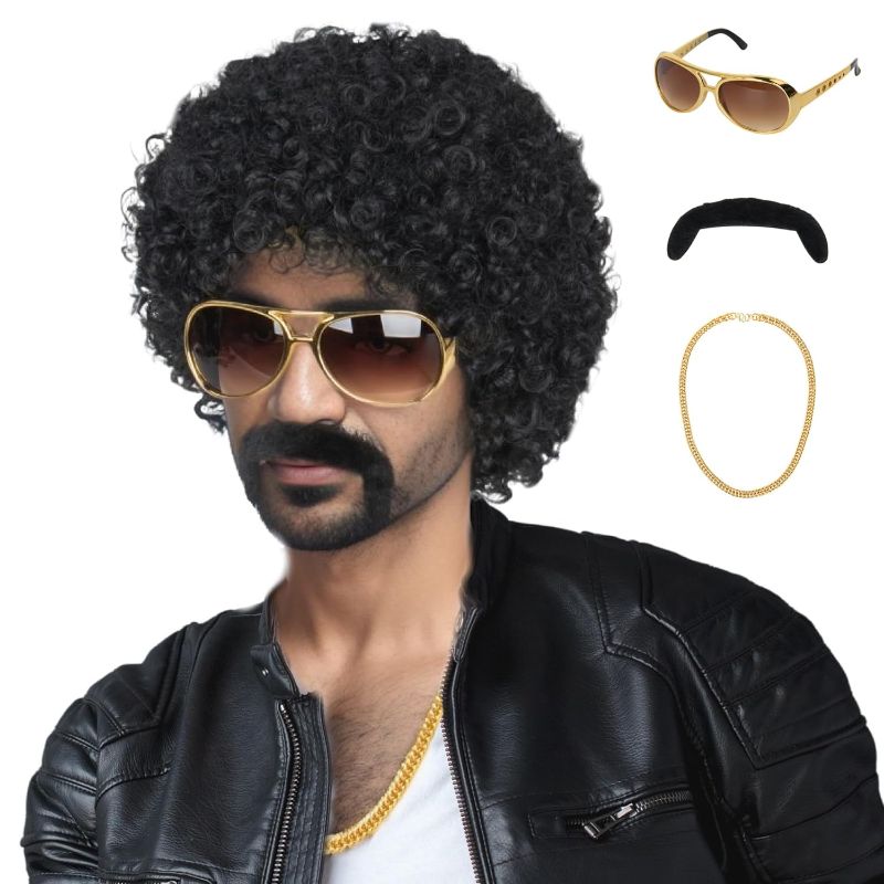 Photo 1 of M MISS U HAIR Missuhair Afro Wig Men 70s Wig Short Black Curly Afro Party Wigs Halloween Disco Wig (JUST WIG AND GLASSES)