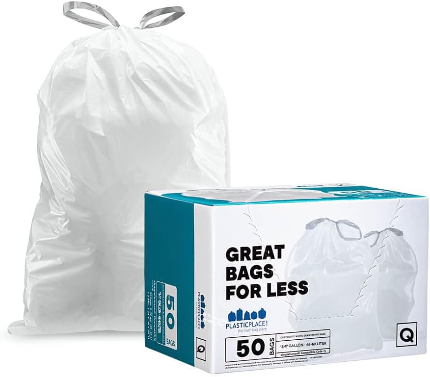 Photo 1 of Plasticplace Custom Fit Trash Bags, simplehuman (x) Code Q Compatible (50 Count), White Drawstring Garbage Liners 13-17 Gallon / 45 Liter, 25.25" x 32.75"
