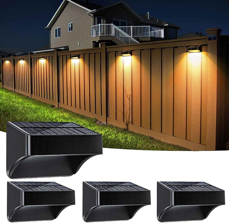 Photo 1 of Amiluo Solar Fence Lights 4 Pack Warm White & 8 RGB Fixed Colors, Solar Outdoor Wall Lights IP65 Waterproof Fence Solar Light, Color Glow Light Outside Solar Deck Light for Backyard Wall Step Holiday
