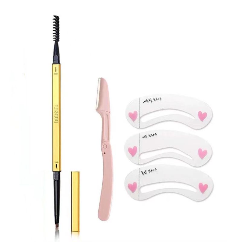 Photo 1 of 2 PACK-- Eyebrow Kit with 1 Eyebrow Pen, 3 Stencils, and Brow Razor#0712 (3# Light brown)

