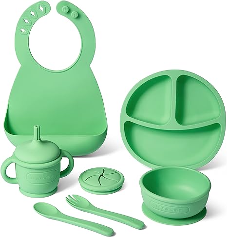 Photo 1 of Daily Kitchen Baby Feeding Supplies 8 Piece Set – Toddler Plates and Bowls Set Silicone Baby Feeding Set for Weaning – Baby Eating Supplies Include Bib, Spoon, Fork, Silicone Cup with Straw (GREEN)
