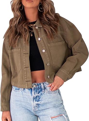 Photo 1 of Aoysky Women's Cropped Jackets Casual Long Sleeve Button Down Jacket with Pockets (DARK KHAKI - SMALL)