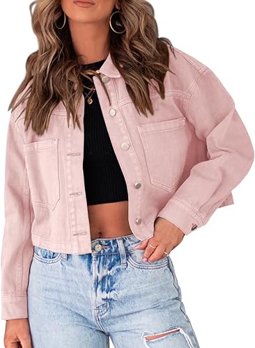 Photo 1 of Aoysky Women's Cropped Jackets Casual Long Sleeve Button Down Jacket with Pockets (PINK - MEDIUM)